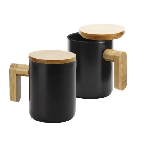 Antares Black Ceramic Coffee Mugs with Bamboo Handle and Lid