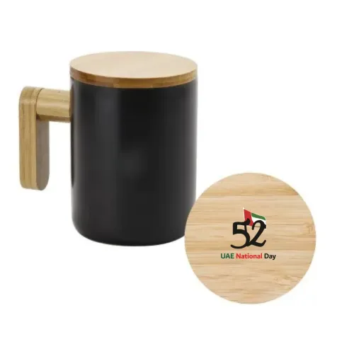  UAE National Day Black Ceramic Coffee Mugs with Bamboo Handle and Lid