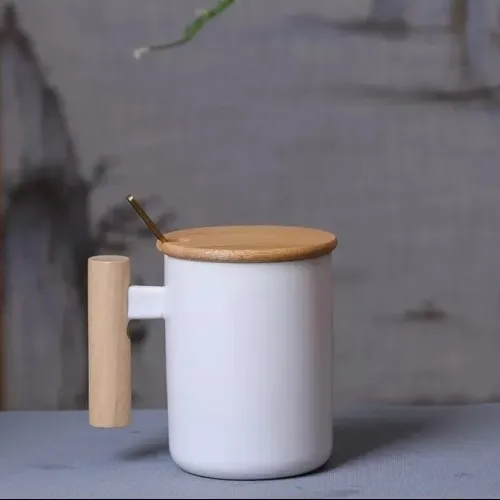 Porcelain Mug With Bamboo Lid Ceramic cupsSpoon Wooden Handle Ceramic Coffee Mug